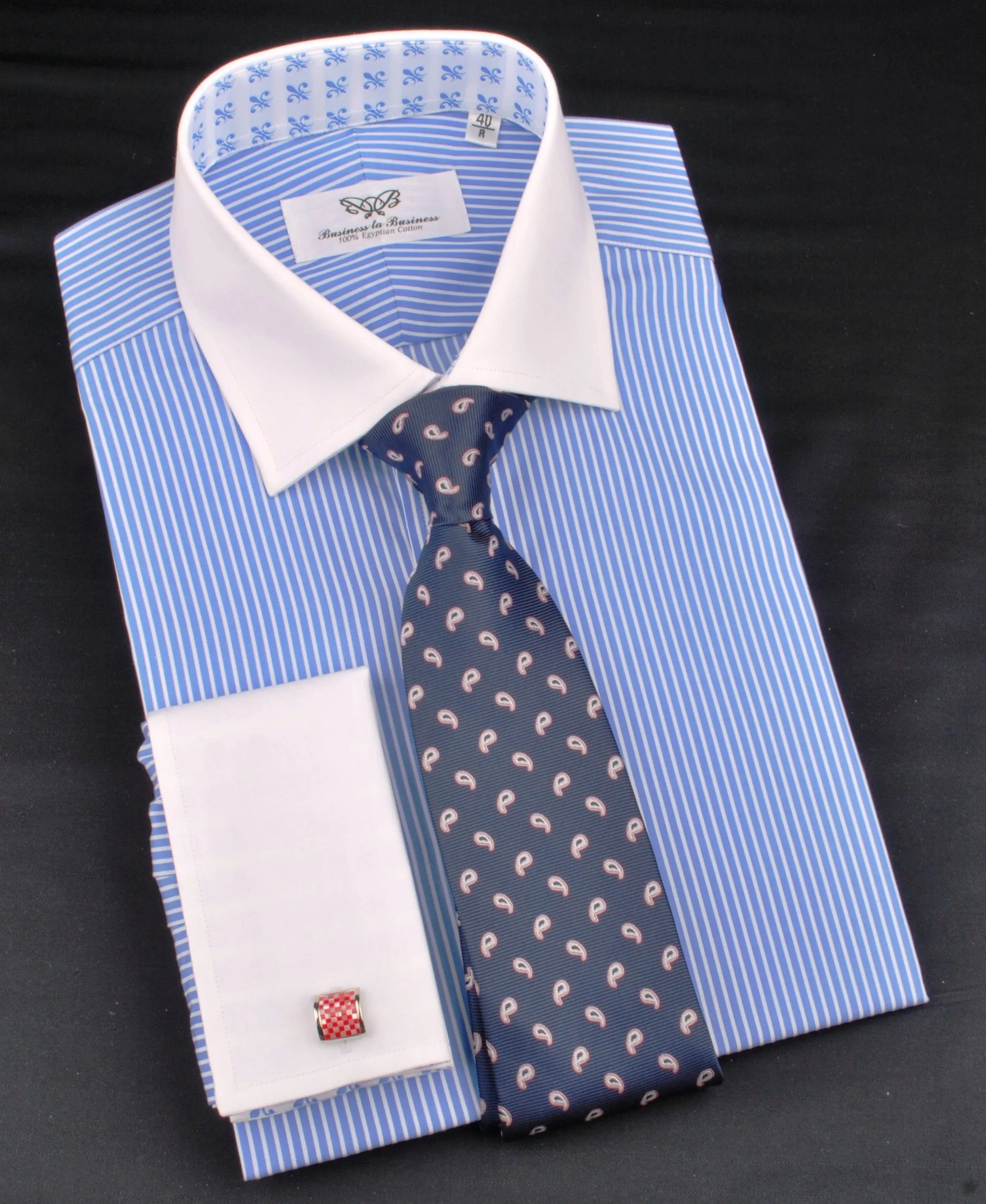 Luxury Blue Small Striped Formal Business Dress Shirt in French Double Cuffs - White Contrast Cuff