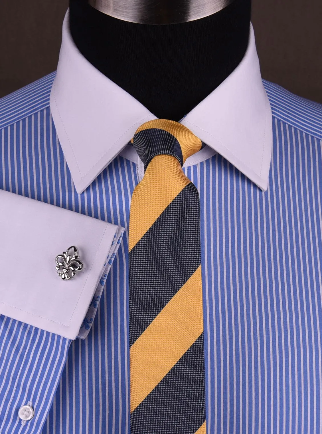 Luxury Blue Small Striped Formal Business Dress Shirt in French Double Cuffs - White Contrast Cuff