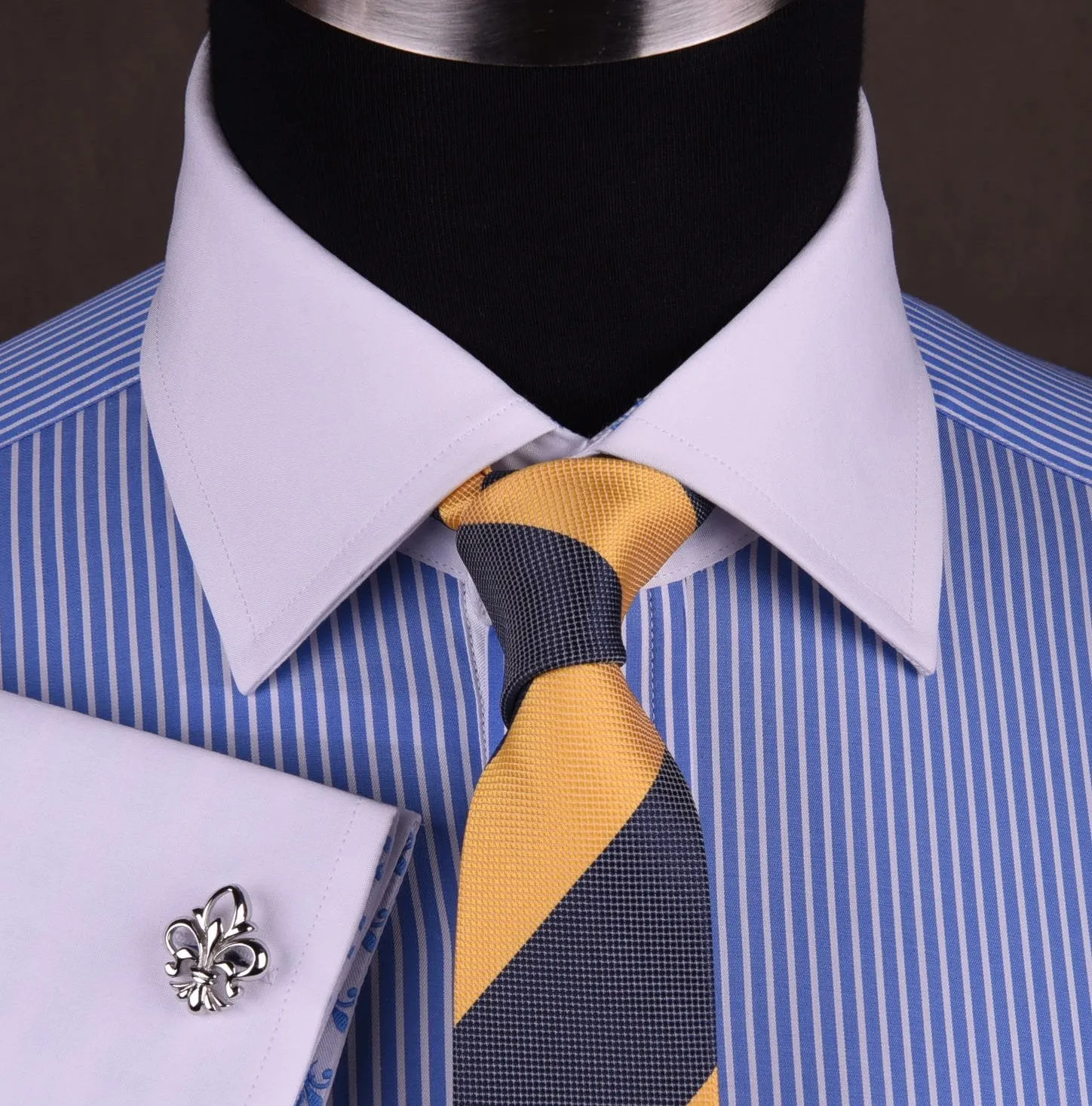Luxury Blue Small Striped Formal Business Dress Shirt in French Double Cuffs - White Contrast Cuff