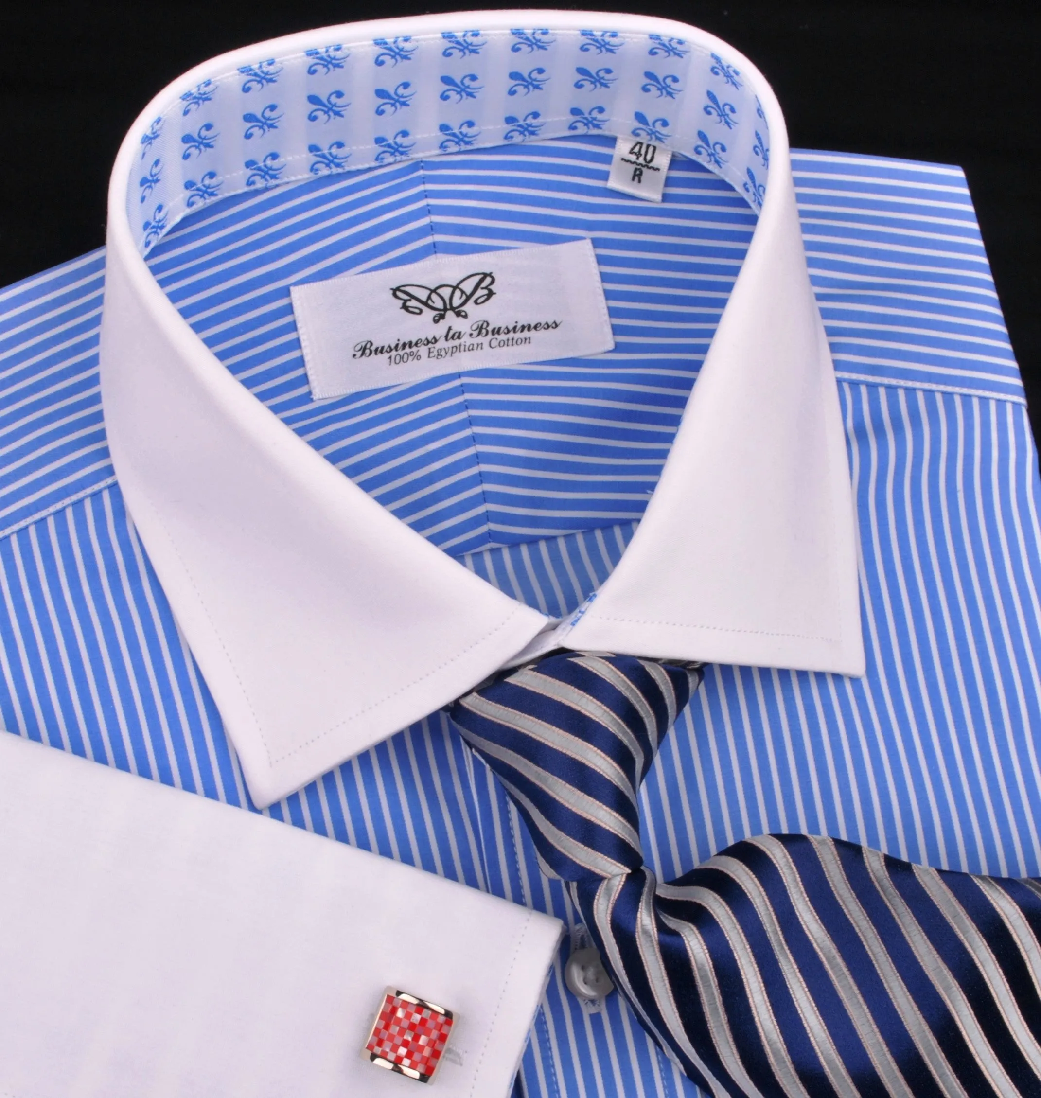Luxury Blue Small Striped Formal Business Dress Shirt in French Double Cuffs - White Contrast Cuff