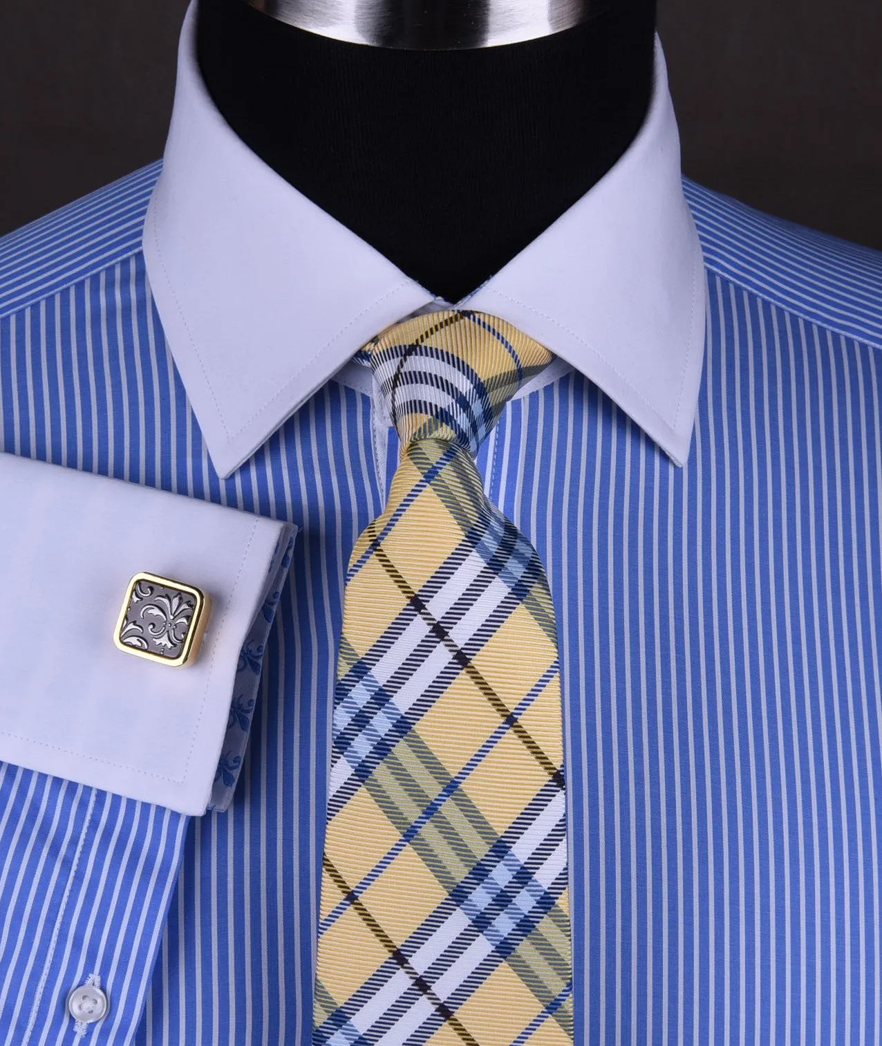 Luxury Blue Small Striped Formal Business Dress Shirt in French Double Cuffs - White Contrast Cuff