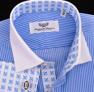 Luxury Blue Small Striped Formal Business Dress Shirt in French Double Cuffs - White Contrast Cuff