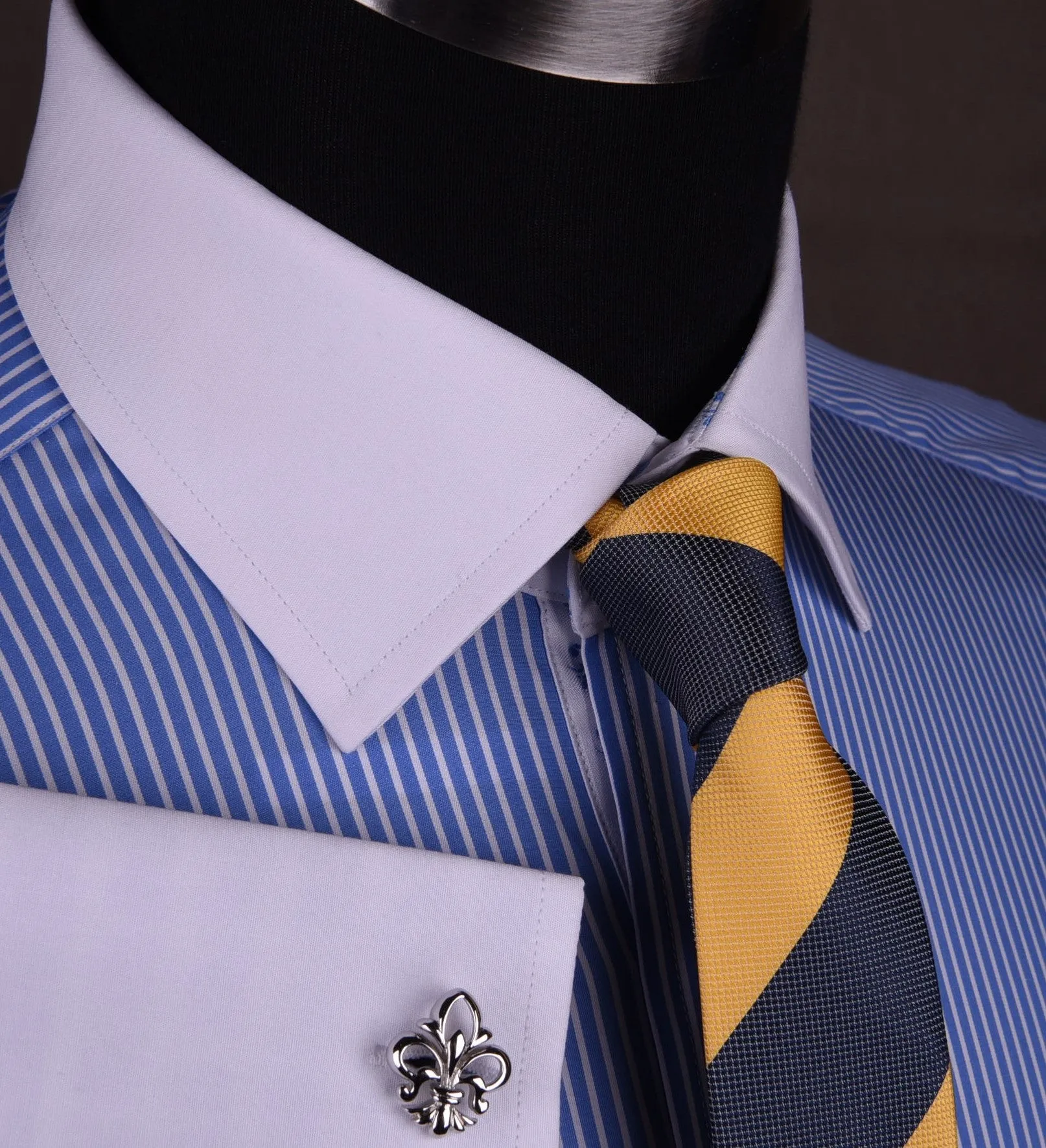 Luxury Blue Small Striped Formal Business Dress Shirt in French Double Cuffs - White Contrast Cuff