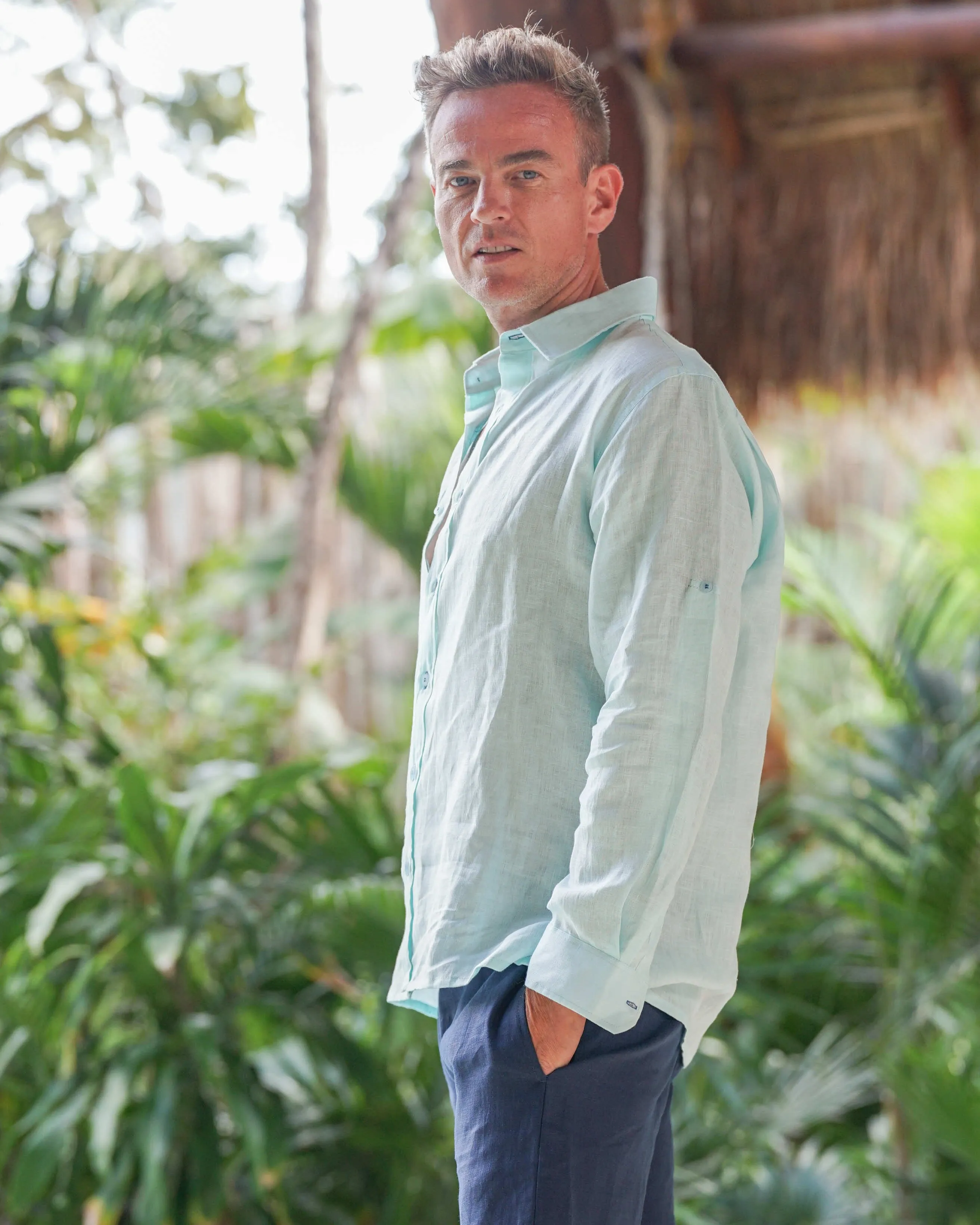 MALLORCA Linen Shirt - Acqua/Dark Blue