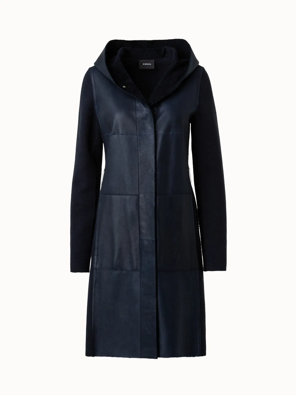 Mantel mit Kapuze aus Shearling-Leder und Kaschmirstrick