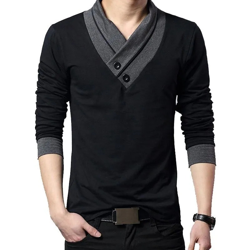 Men Patchwork Collar Long Sleeve Cotton T Shirts