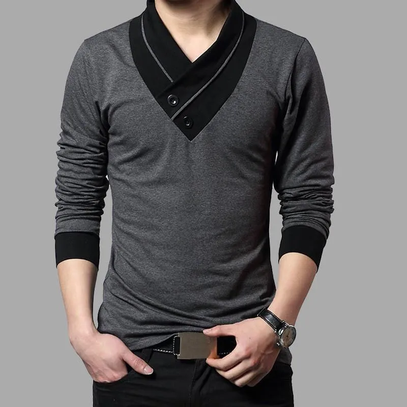Men Patchwork Collar Long Sleeve Cotton T Shirts