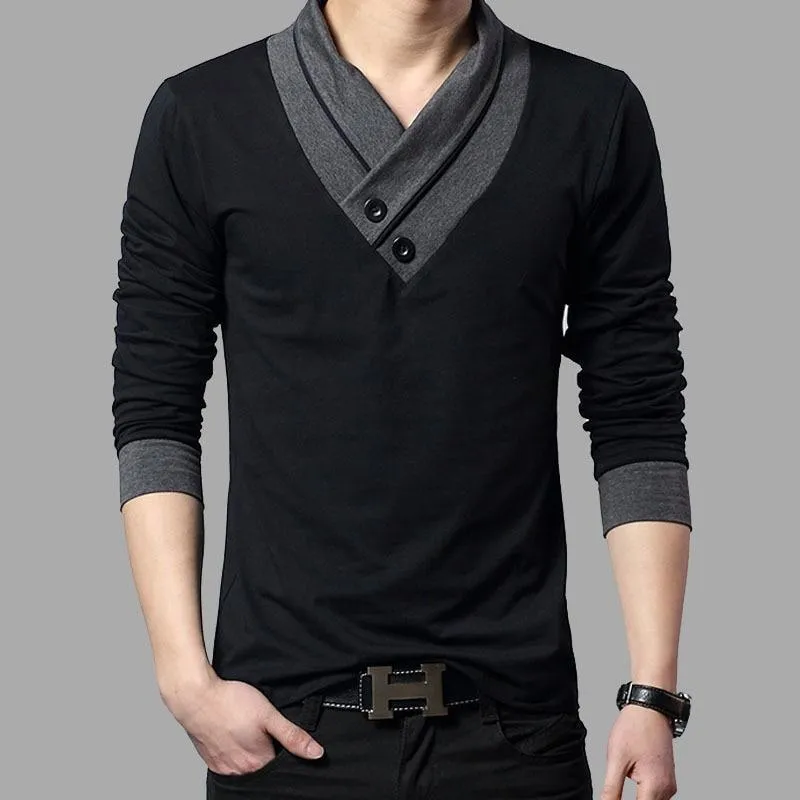 Men Patchwork Collar Long Sleeve Cotton T Shirts