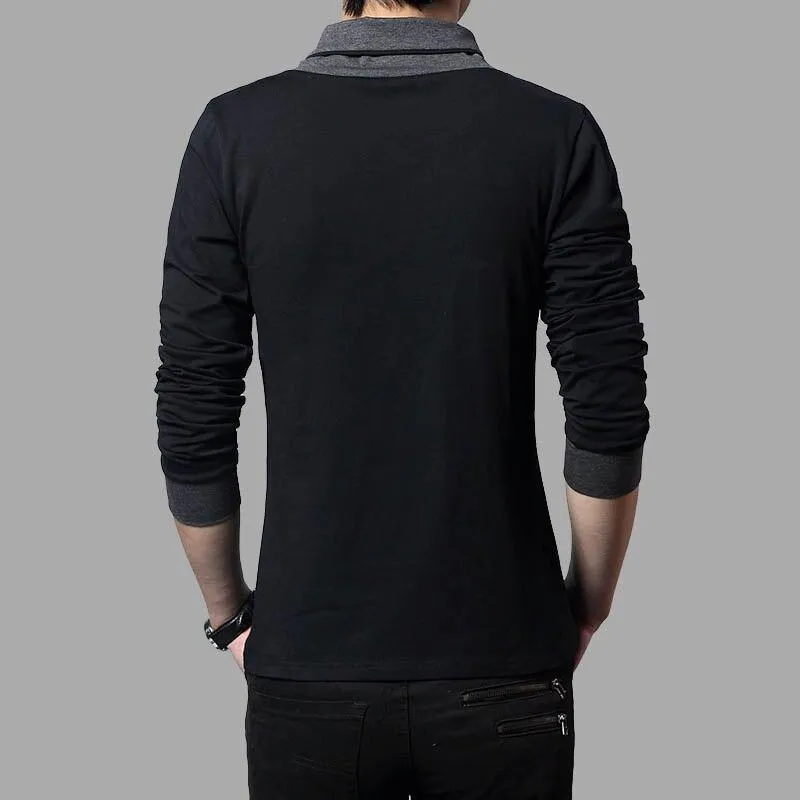 Men Patchwork Collar Long Sleeve Cotton T Shirts