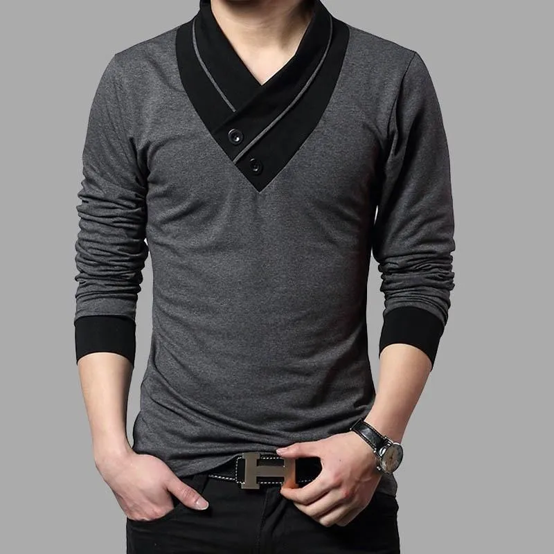 Men Patchwork Collar Long Sleeve Cotton T Shirts
