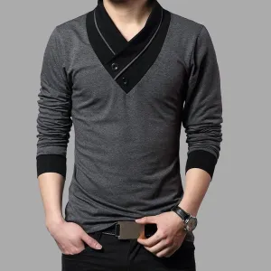 Men Patchwork Collar Long Sleeve Cotton T Shirts