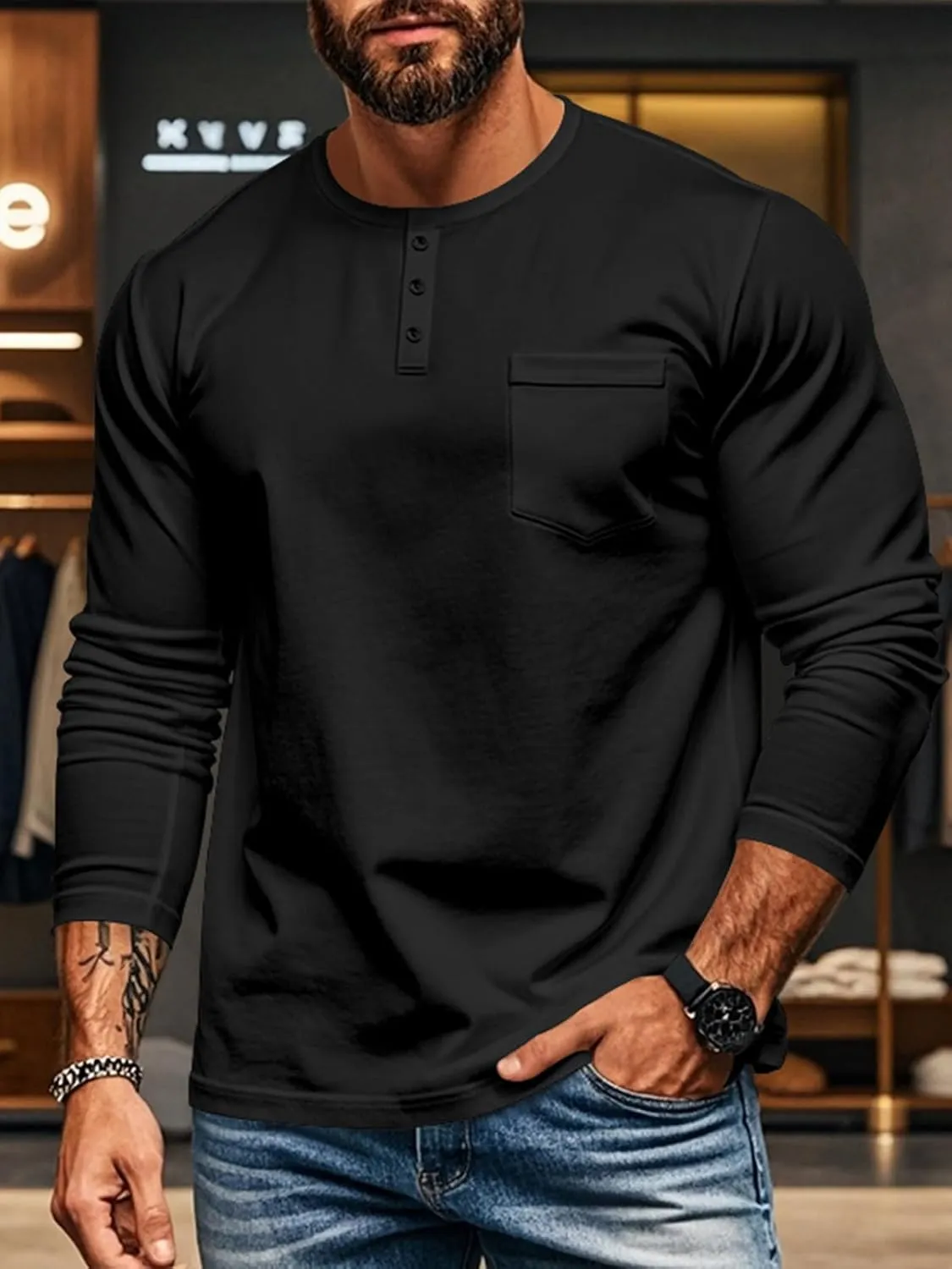 Mens Henley Long Sleeve Shirts Casual Plain Button T-Shirts Lightweight Slim Fit Pullover Shirts