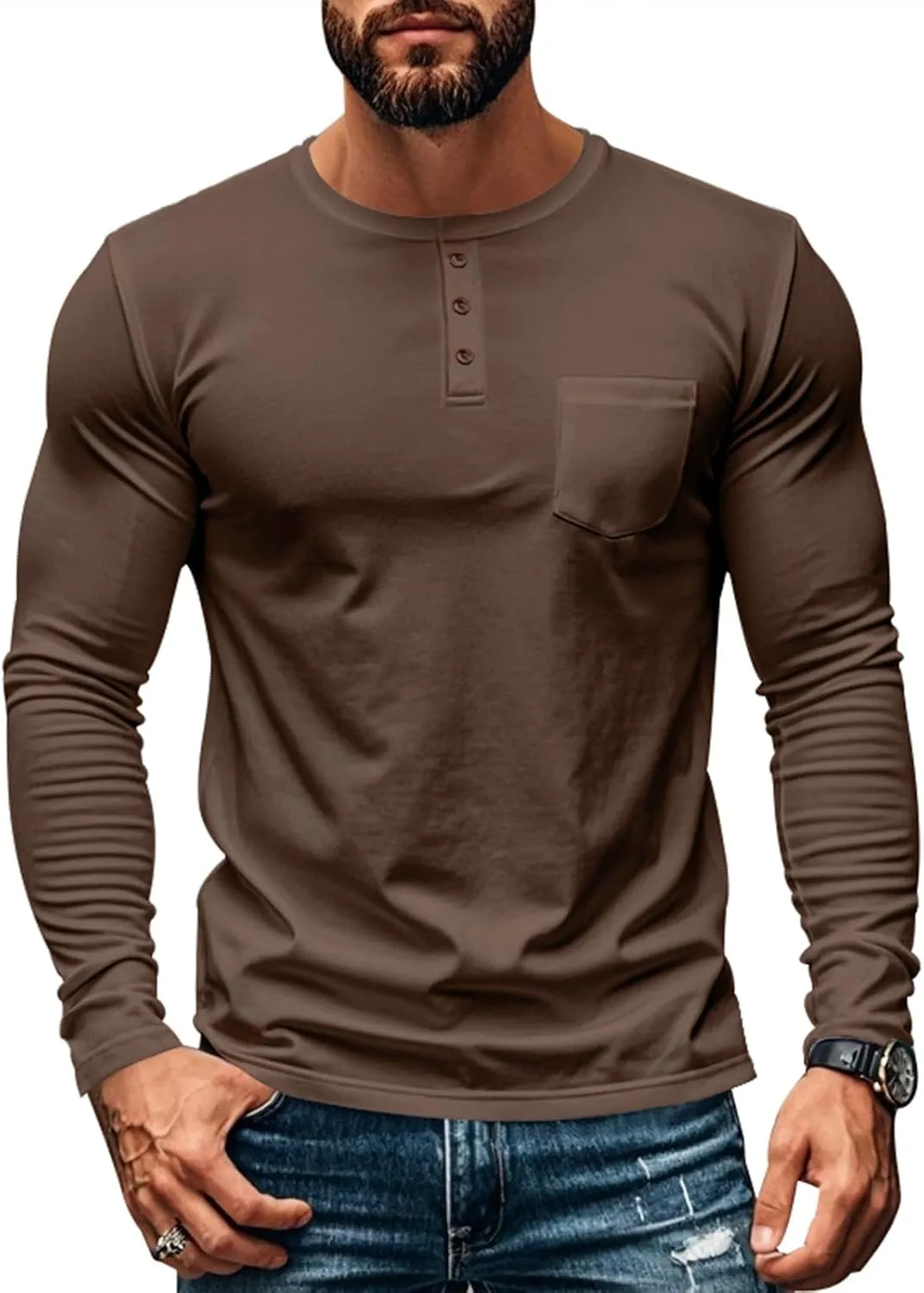 Mens Henley Long Sleeve Shirts Casual Plain Button T-Shirts Lightweight Slim Fit Pullover Shirts