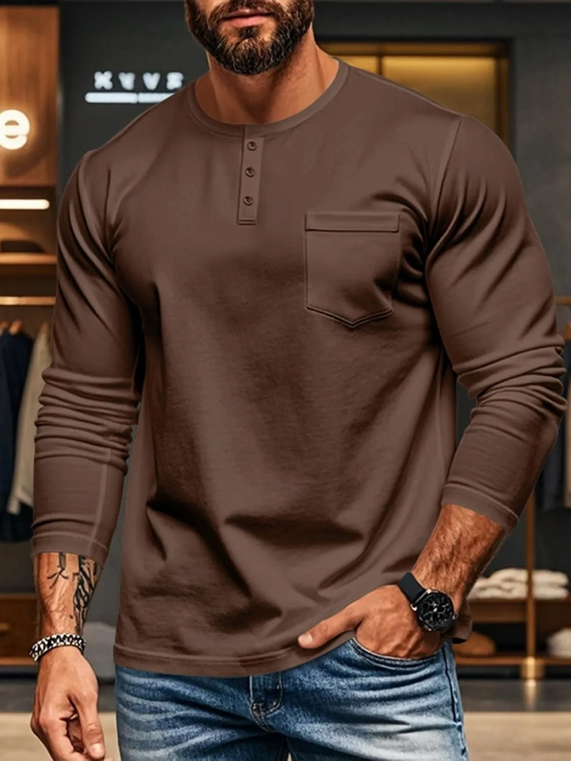 Mens Henley Long Sleeve Shirts Casual Plain Button T-Shirts Lightweight Slim Fit Pullover Shirts