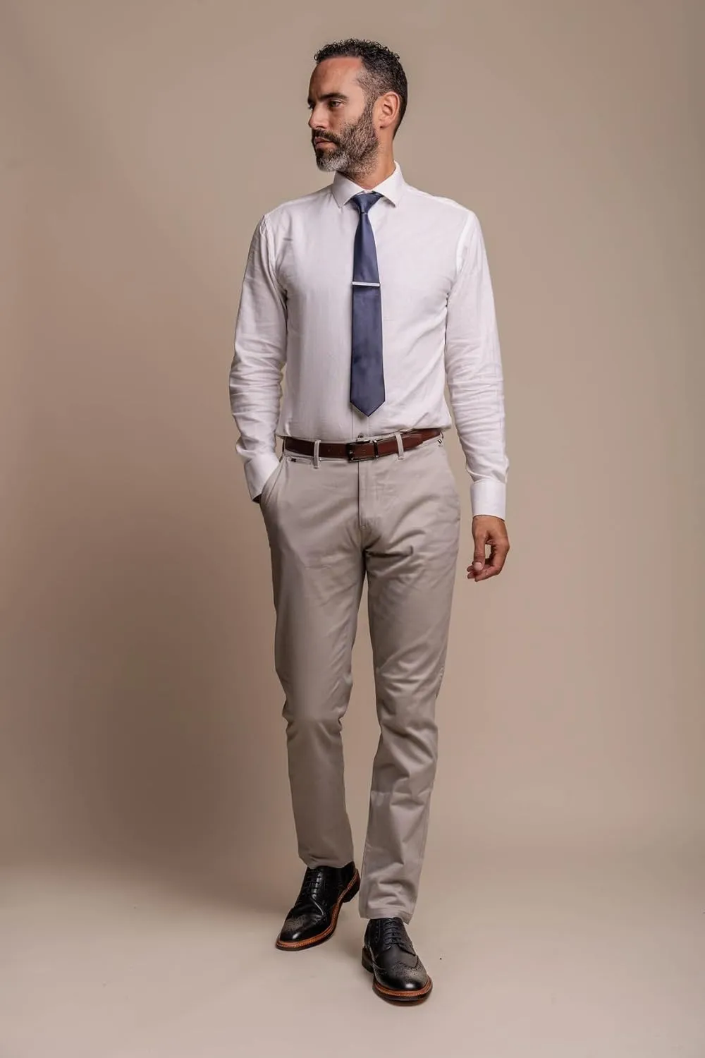 Men's Navy Tweed Check 3 PC Slim Fit Suit with Beige Dakota-Style Chino Pants - Combined Outfit for Formal Occasions