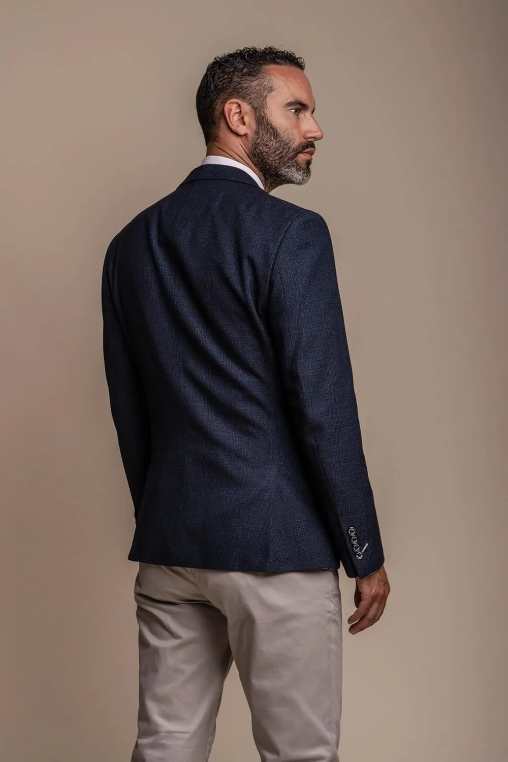 Men's Navy Tweed Check 3 PC Slim Fit Suit with Beige Dakota-Style Chino Pants - Combined Outfit for Formal Occasions
