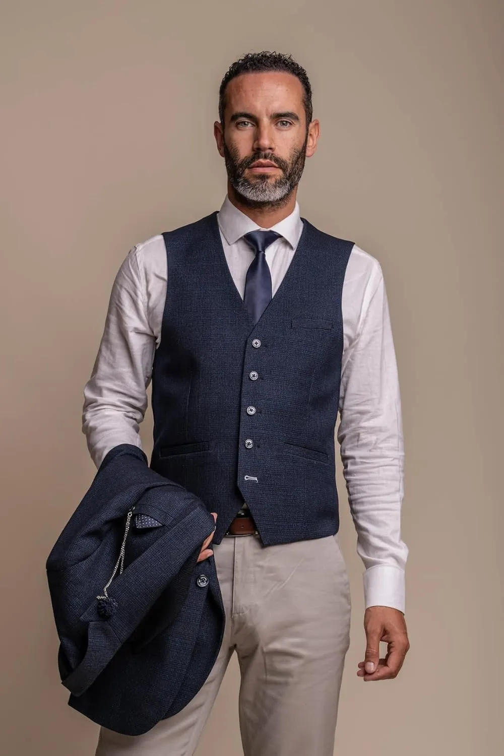 Men's Navy Tweed Check 3 PC Slim Fit Suit with Beige Dakota-Style Chino Pants - Combined Outfit for Formal Occasions