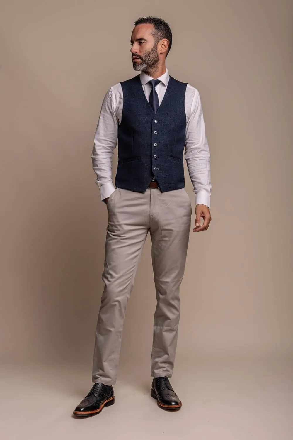 Men's Navy Tweed Check 3 PC Slim Fit Suit with Beige Dakota-Style Chino Pants - Combined Outfit for Formal Occasions