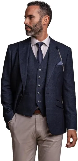Men's Navy Tweed Check 3 PC Slim Fit Suit with Beige Dakota-Style Chino Pants - Combined Outfit for Formal Occasions