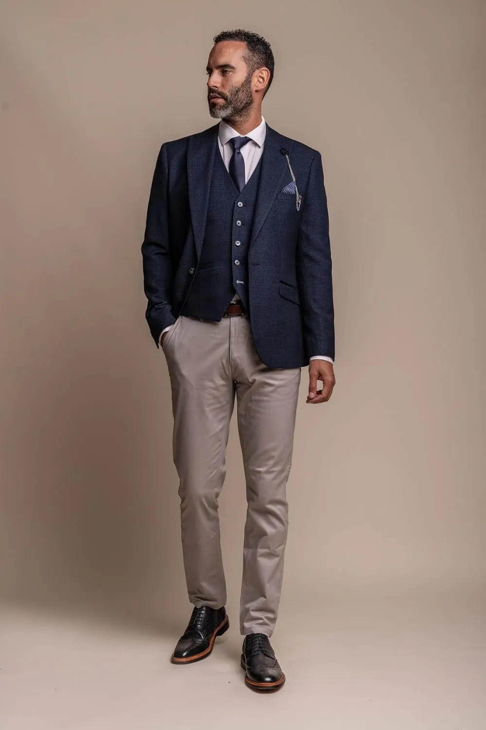 Men's Navy Tweed Check 3 PC Slim Fit Suit with Beige Dakota-Style Chino Pants - Combined Outfit for Formal Occasions