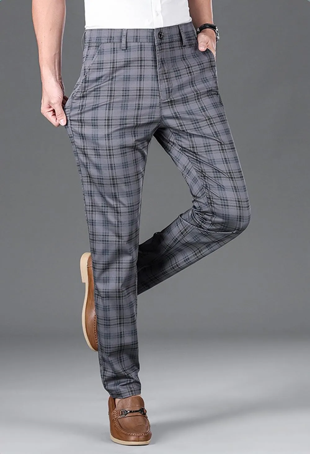 Mens Plaid Business Dress Pant  Mens Slim Fit Tapered Stretch Retro Chino Pants with Pockets for Casual Wear