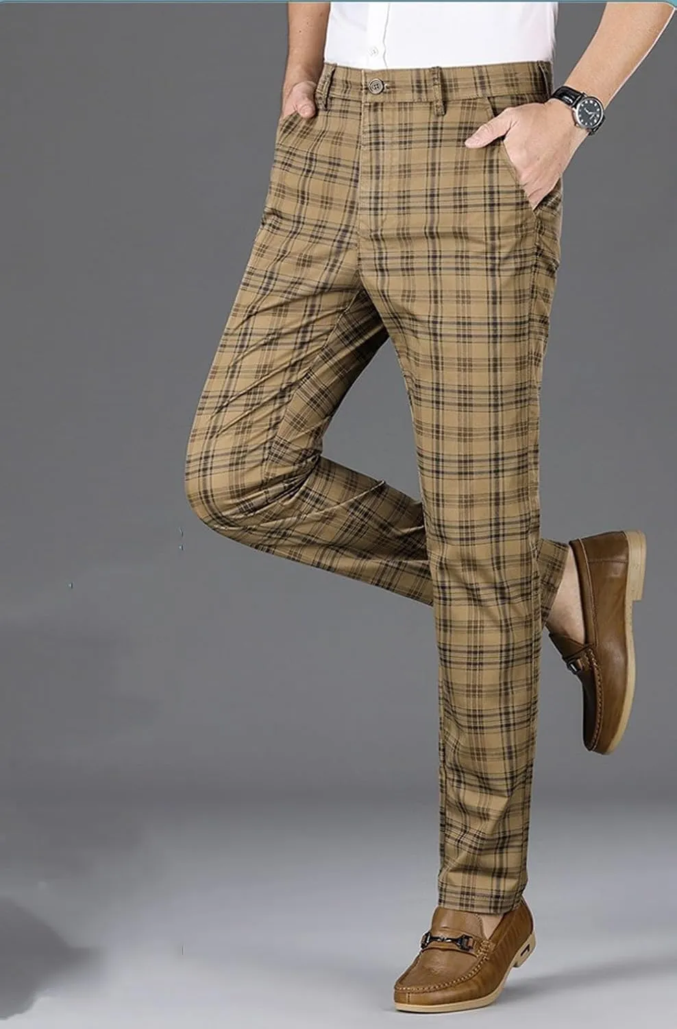 Mens Plaid Business Dress Pant  Mens Slim Fit Tapered Stretch Retro Chino Pants with Pockets for Casual Wear