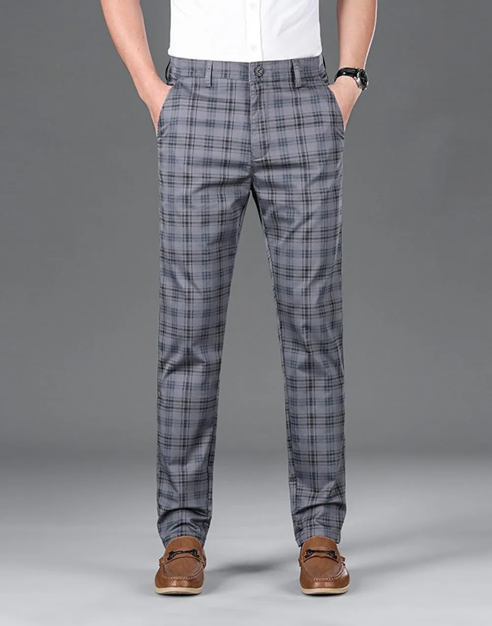 Mens Plaid Business Dress Pant  Mens Slim Fit Tapered Stretch Retro Chino Pants with Pockets for Casual Wear