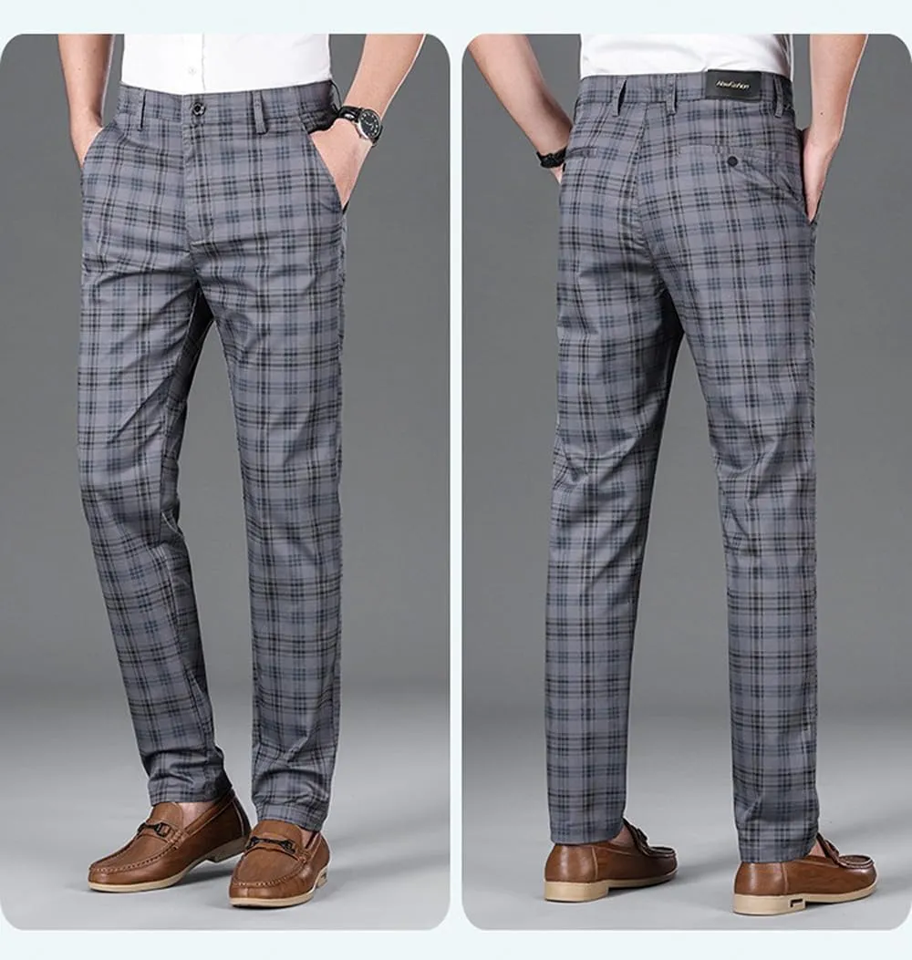 Mens Plaid Business Dress Pant  Mens Slim Fit Tapered Stretch Retro Chino Pants with Pockets for Casual Wear