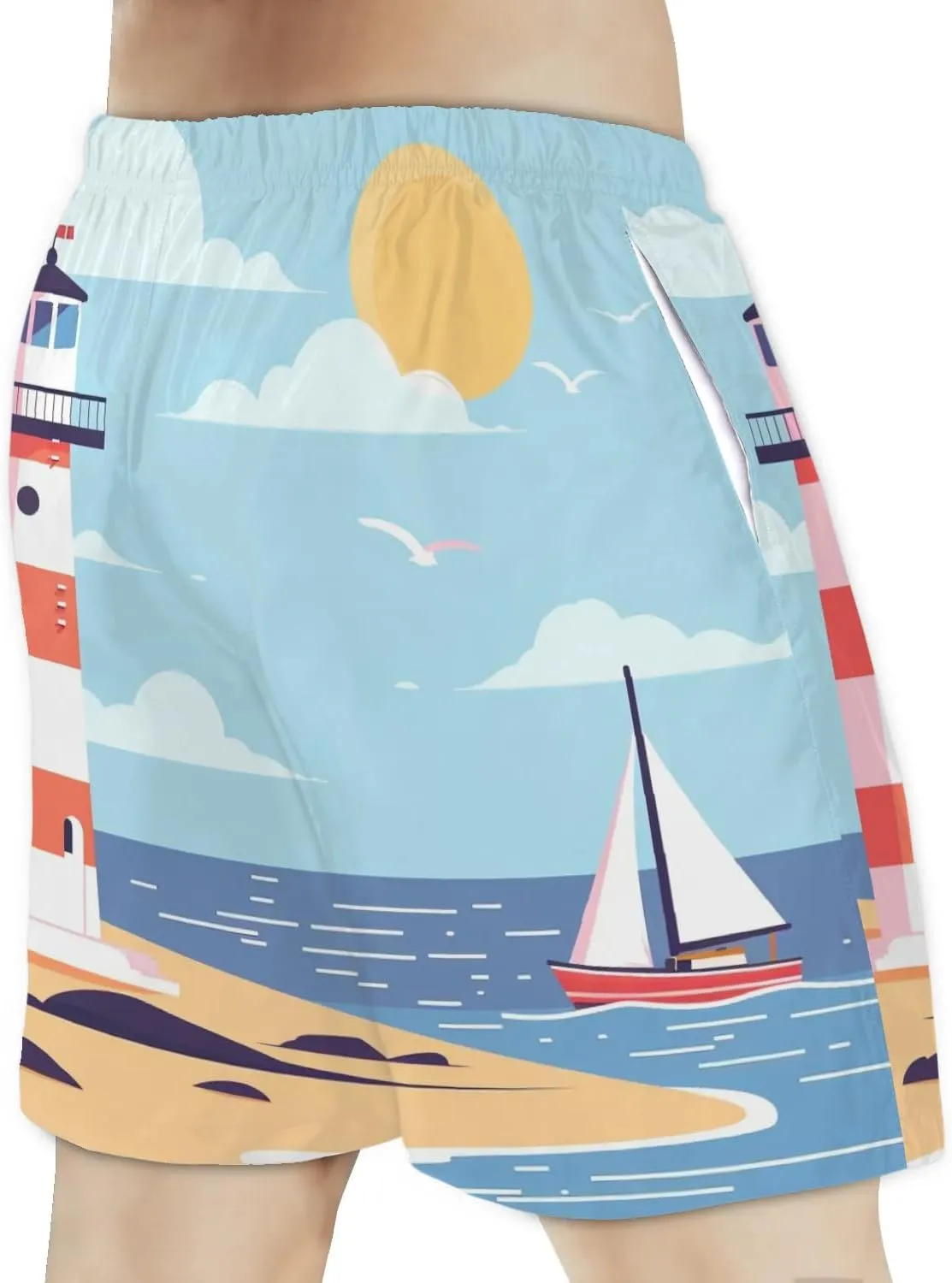 Mens Swim Trunks Lighthouse Sailboat Quick Dry Board Shorts with Mesh Lining