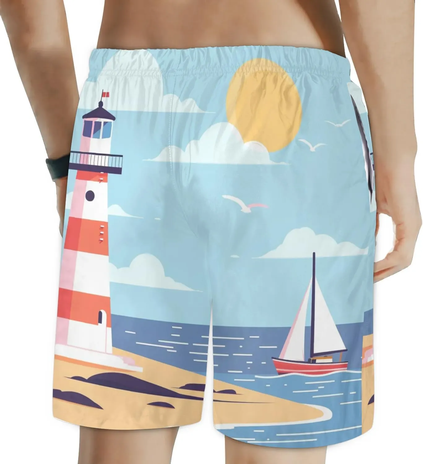 Mens Swim Trunks Lighthouse Sailboat Quick Dry Board Shorts with Mesh Lining