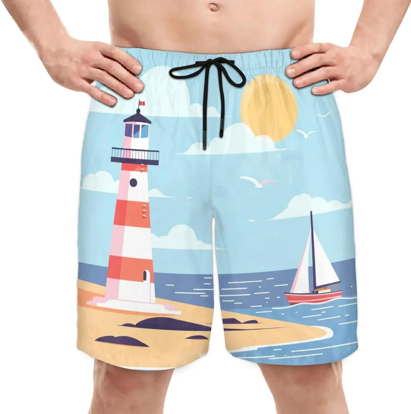 Mens Swim Trunks Lighthouse Sailboat Quick Dry Board Shorts with Mesh Lining