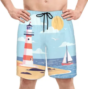 Mens Swim Trunks Lighthouse Sailboat Quick Dry Board Shorts with Mesh Lining