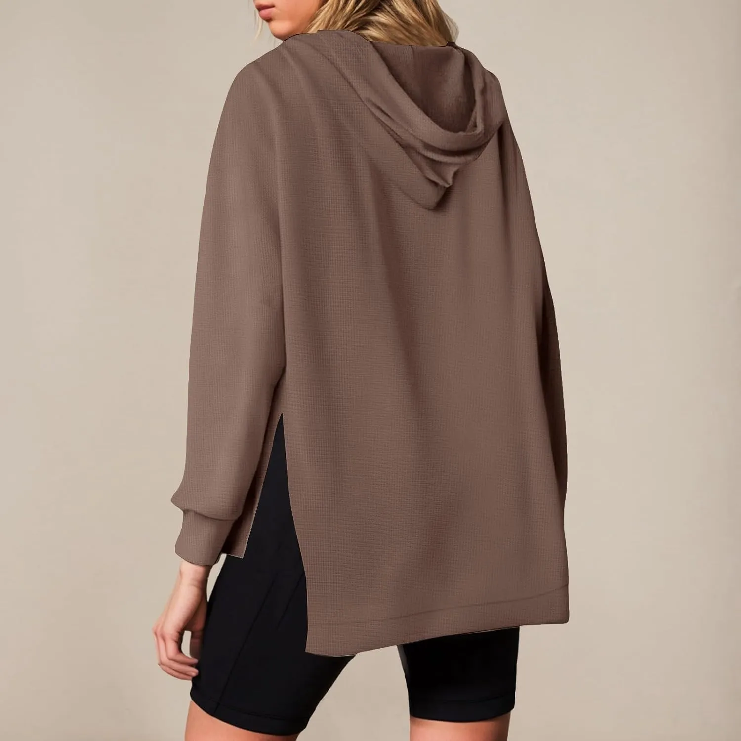 Oversized Hoodies for Women Waffle Knit Casual Long Sleeve Drawstring Side Slit Pullover Sweatshirt with Pocket