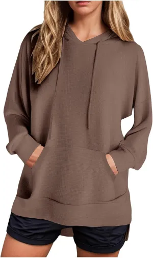 Oversized Hoodies for Women Waffle Knit Casual Long Sleeve Drawstring Side Slit Pullover Sweatshirt with Pocket