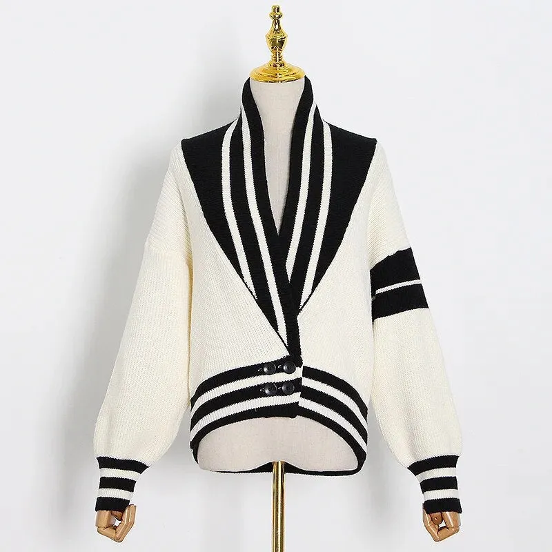 Patchwork Striped Korean Cardigans For Women V Neck Long Sleeve Casual Sweaters Female Autumn Fashion
