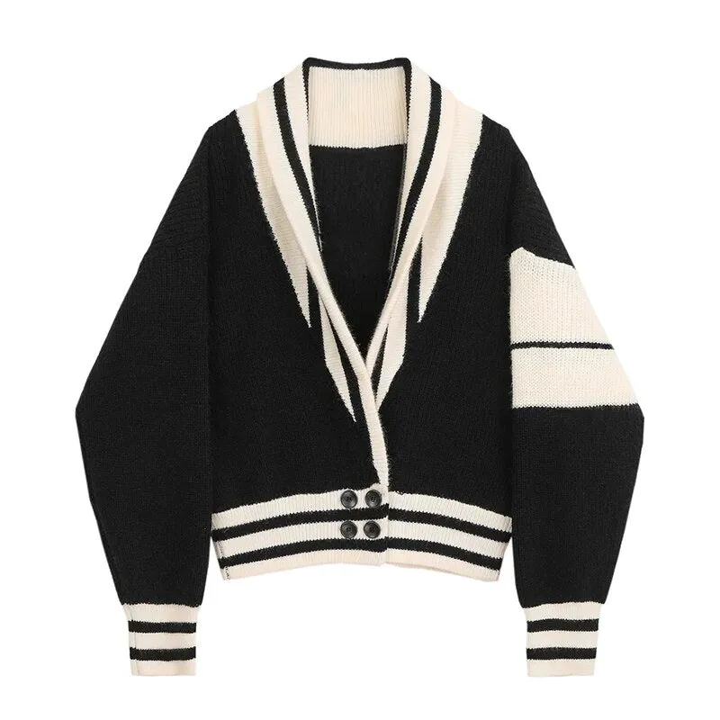Patchwork Striped Korean Cardigans For Women V Neck Long Sleeve Casual Sweaters Female Autumn Fashion