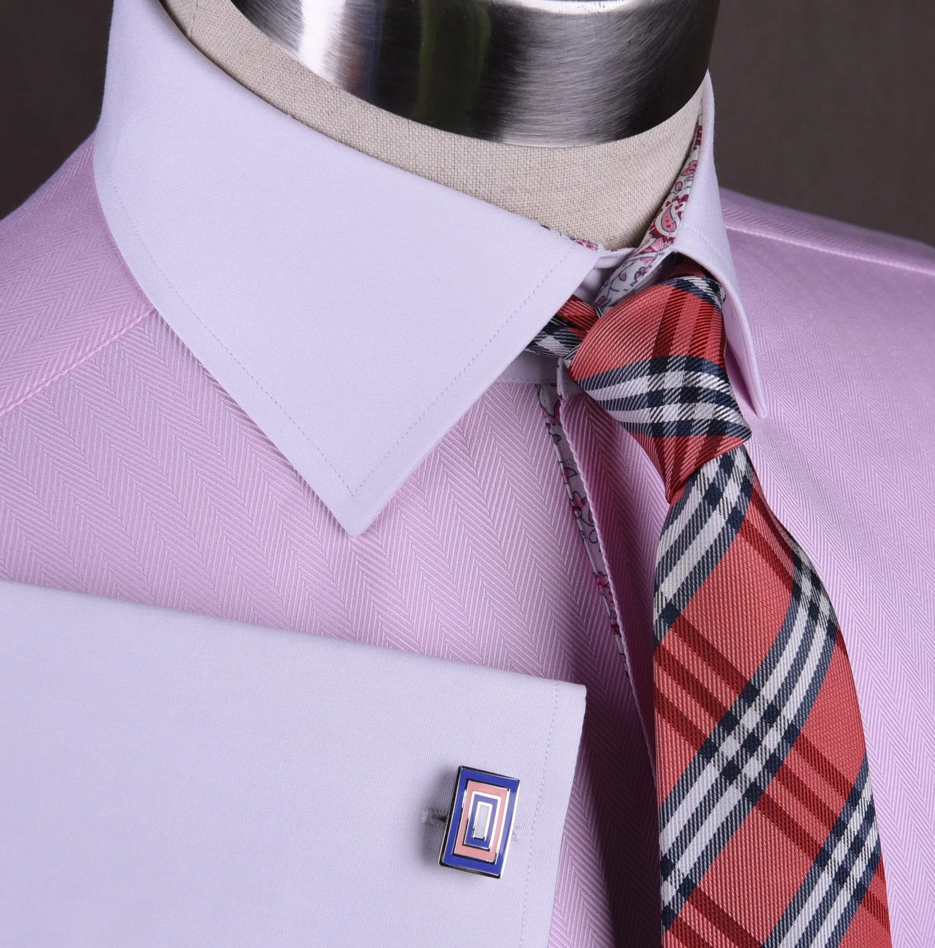 Pink Herringbone Formal Business Dress Shirt White Collar White Cuff Paisley Luxury Fashion