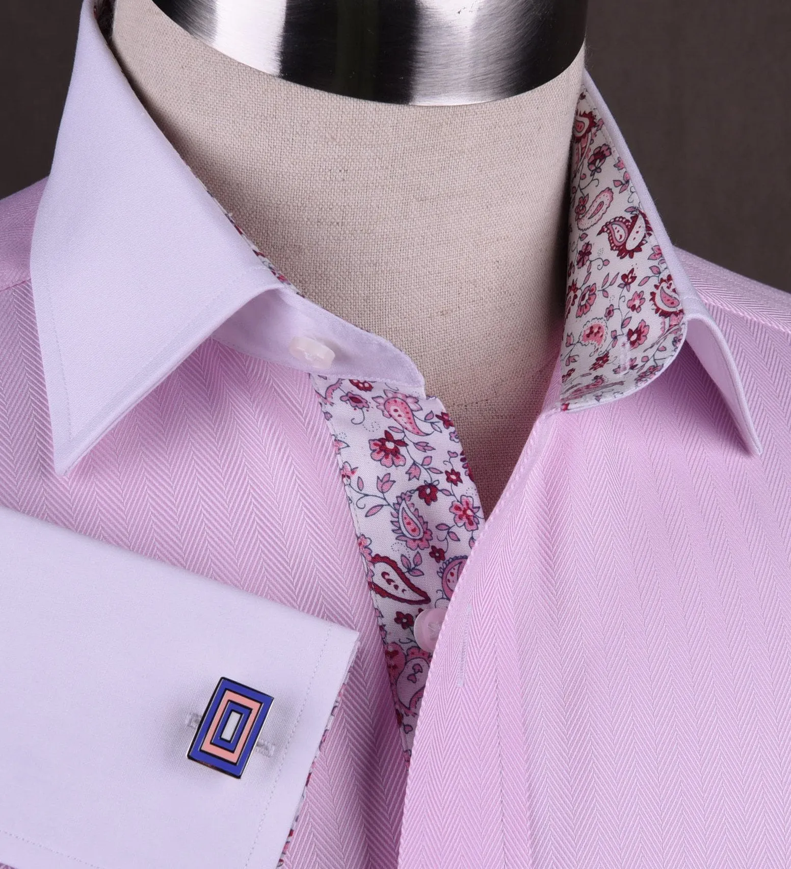 Pink Herringbone Formal Business Dress Shirt White Collar White Cuff Paisley Luxury Fashion