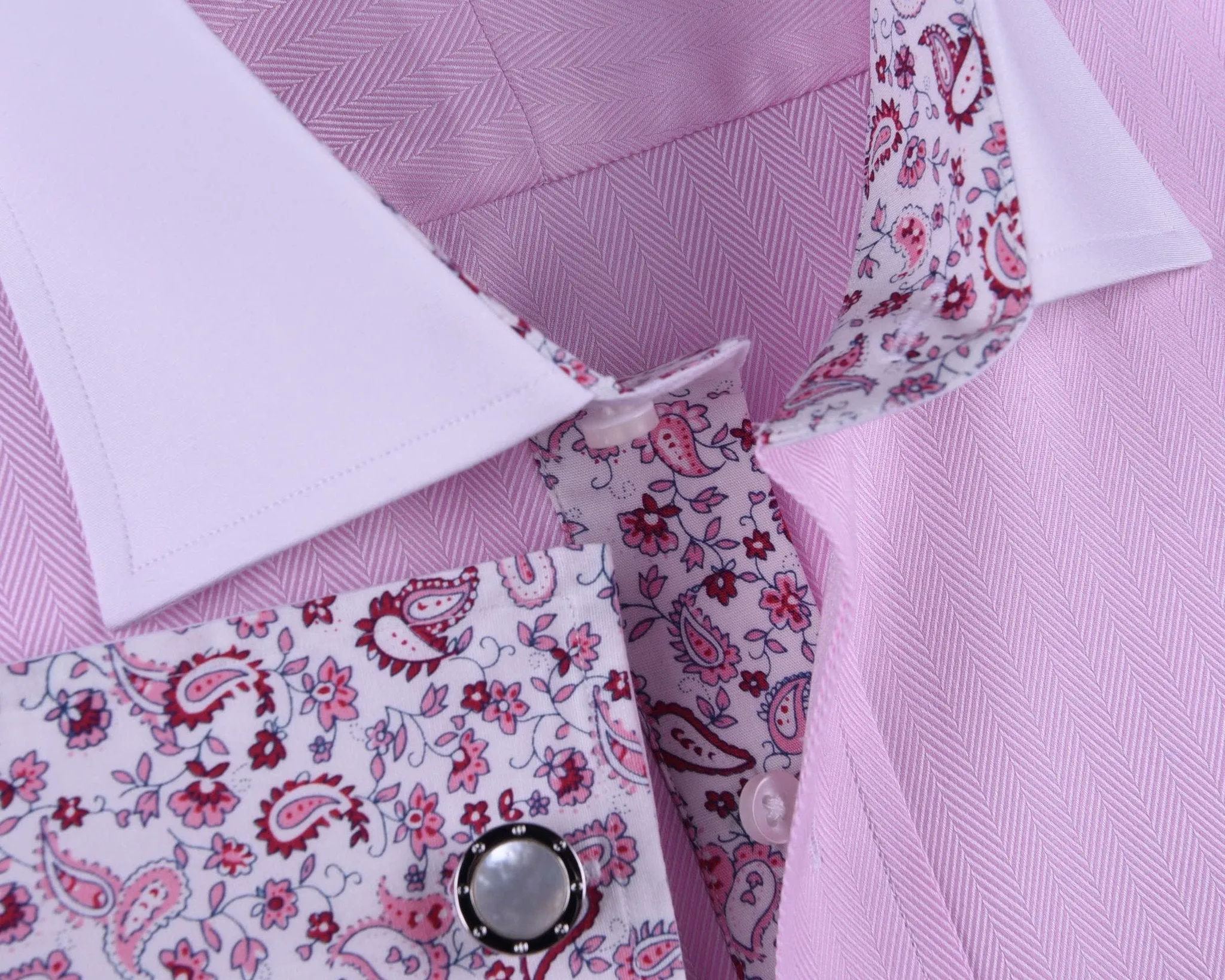 Pink Herringbone Formal Business Dress Shirt White Collar White Cuff Paisley Luxury Fashion