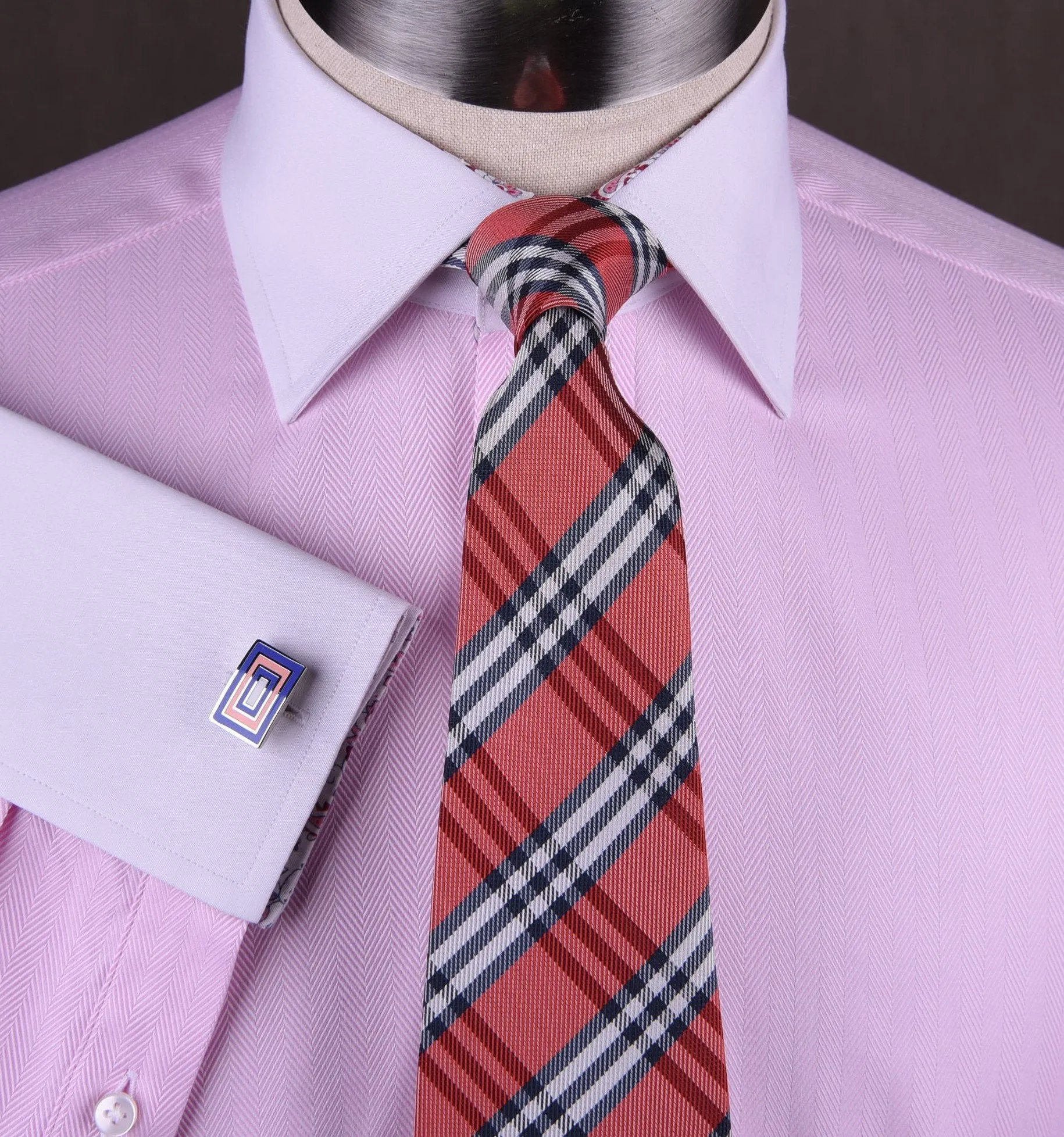 Pink Herringbone Formal Business Dress Shirt White Collar White Cuff Paisley Luxury Fashion