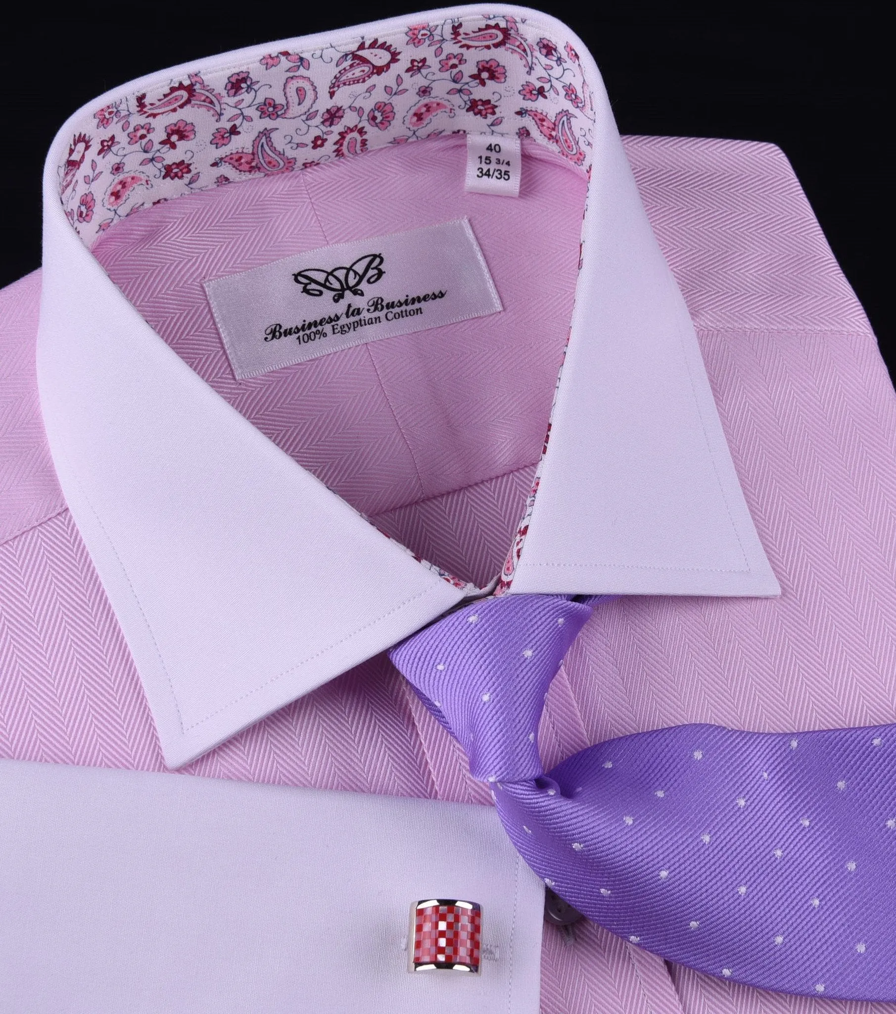 Pink Herringbone Formal Business Dress Shirt White Collar White Cuff Paisley Luxury Fashion