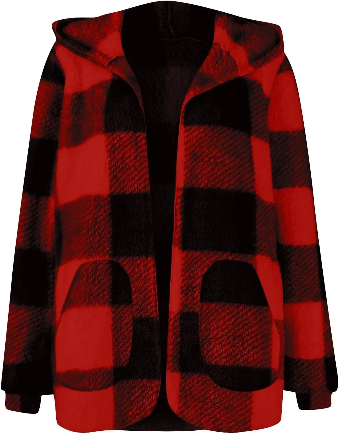 Plaid Fleece Jacket Women Long Comfy Fuzzy Open Front Hooded Cardigans Loose soft Warm Winter Coats with Pockets