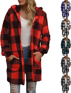 Plaid Fleece Jacket Women Long Comfy Fuzzy Open Front Hooded Cardigans Loose soft Warm Winter Coats with Pockets