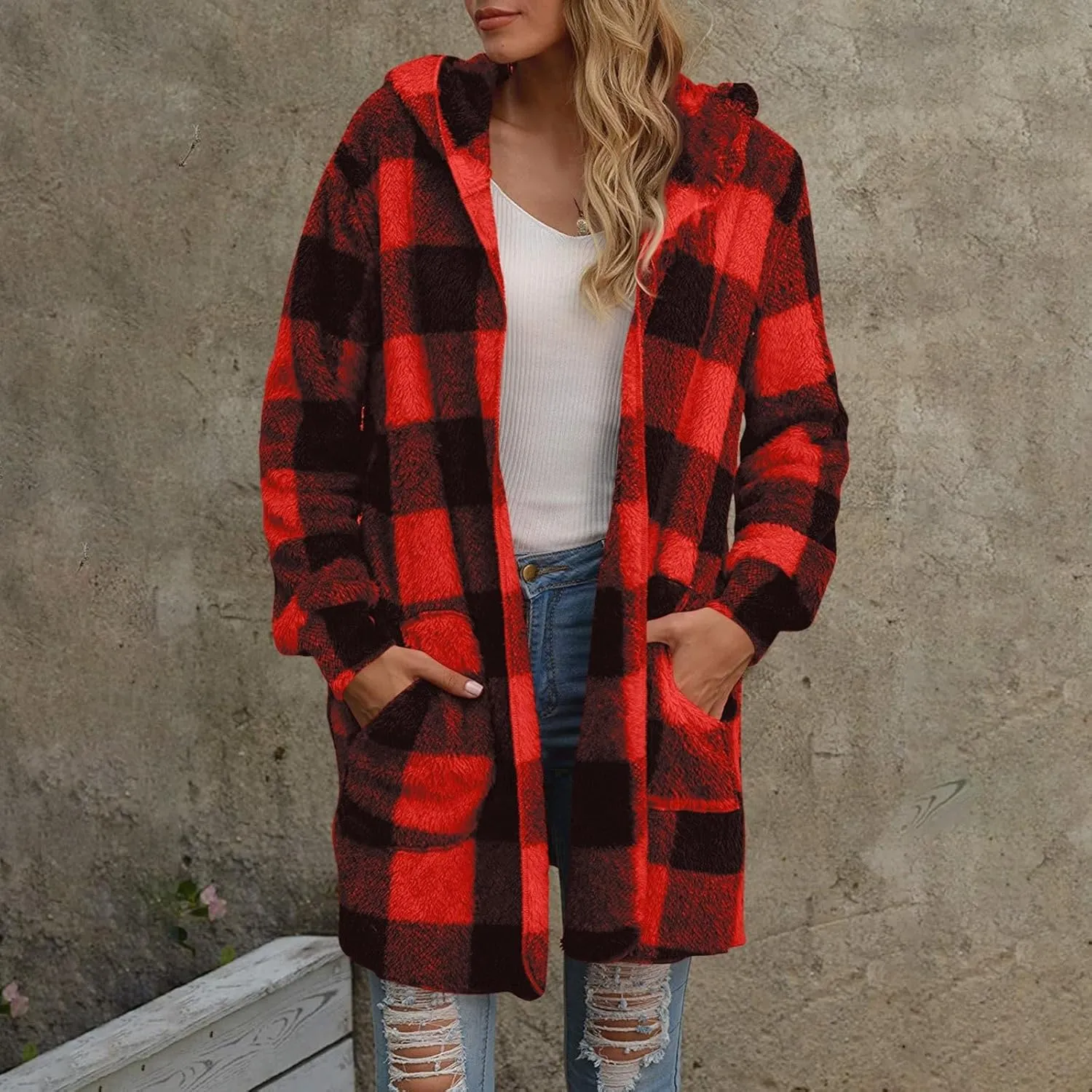 Plaid Fleece Jacket Women Long Comfy Fuzzy Open Front Hooded Cardigans Loose soft Warm Winter Coats with Pockets