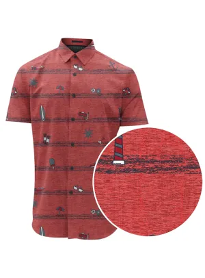 Point Zero Men's Summer Ocean Beach Print Stretch Shirt - Red Mix