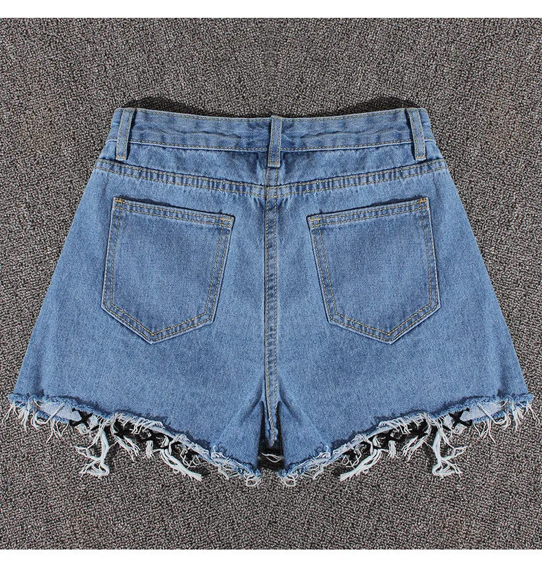Pure Color High Waist Tassel Denim Wide Legs Shorts