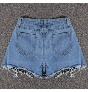Pure Color High Waist Tassel Denim Wide Legs Shorts