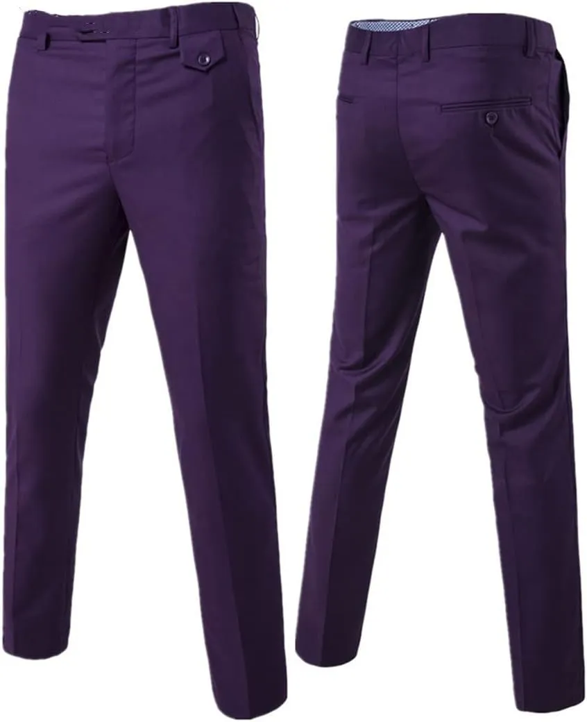 Purple Slim Fit Straight Dress Pants, Men Formal Office Flat-Front Trousers, Business Wedding Suit Pants