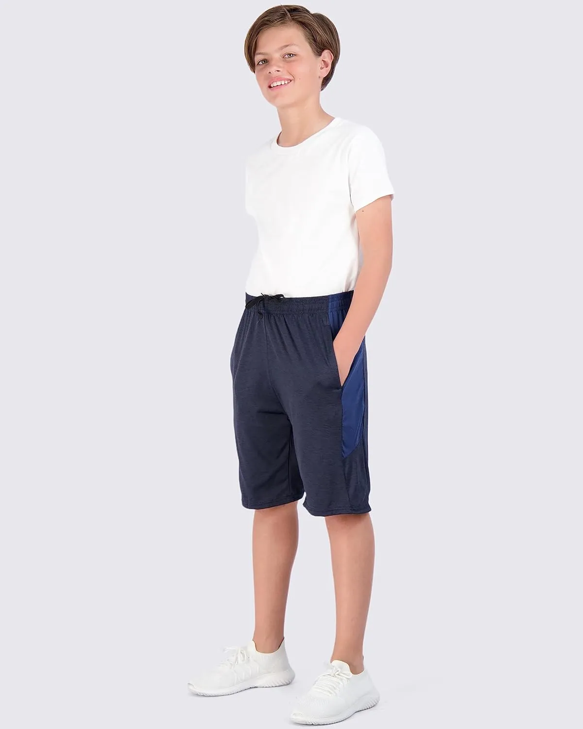 Real Essentials 5-Pack Youth Dry-Fit Active Athletic Basketball Gym Shorts with Pockets Boys & Girls
