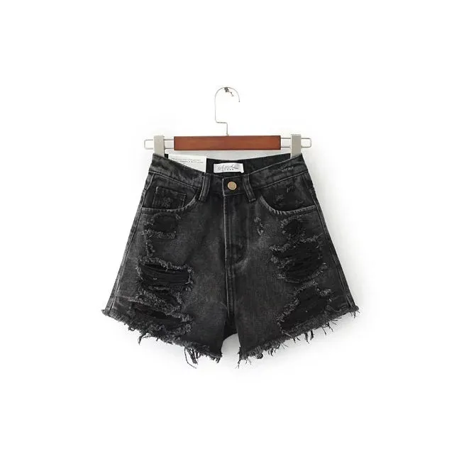 Retro Hole High Waist Denim Rough Slim Shorts